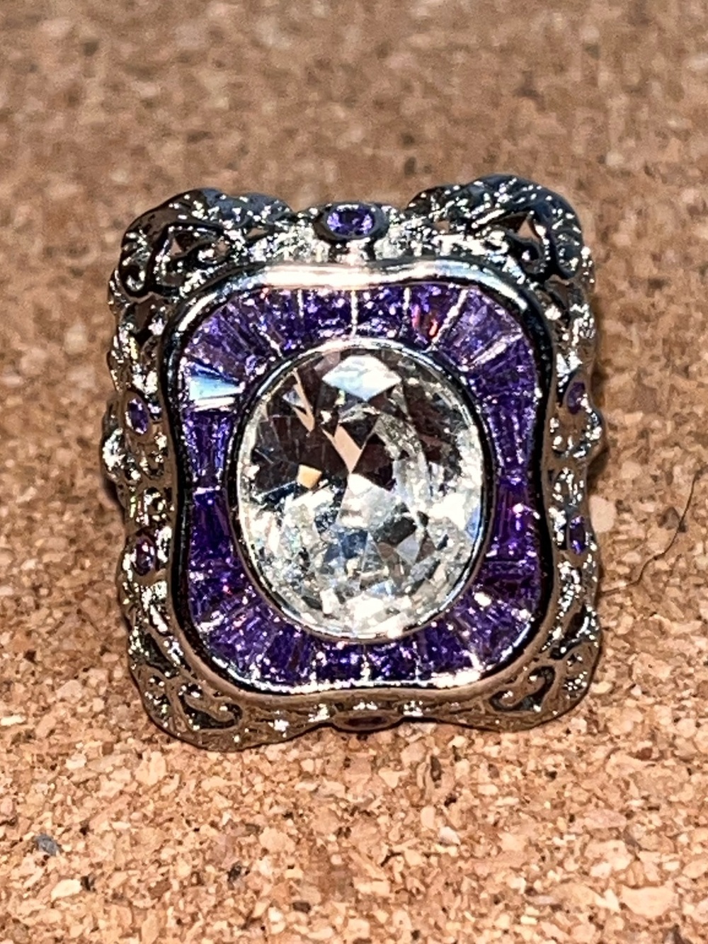 925 Sterling Silver Amethyst & Moissanite Cocktail Ring 6 Vintage Art Deco